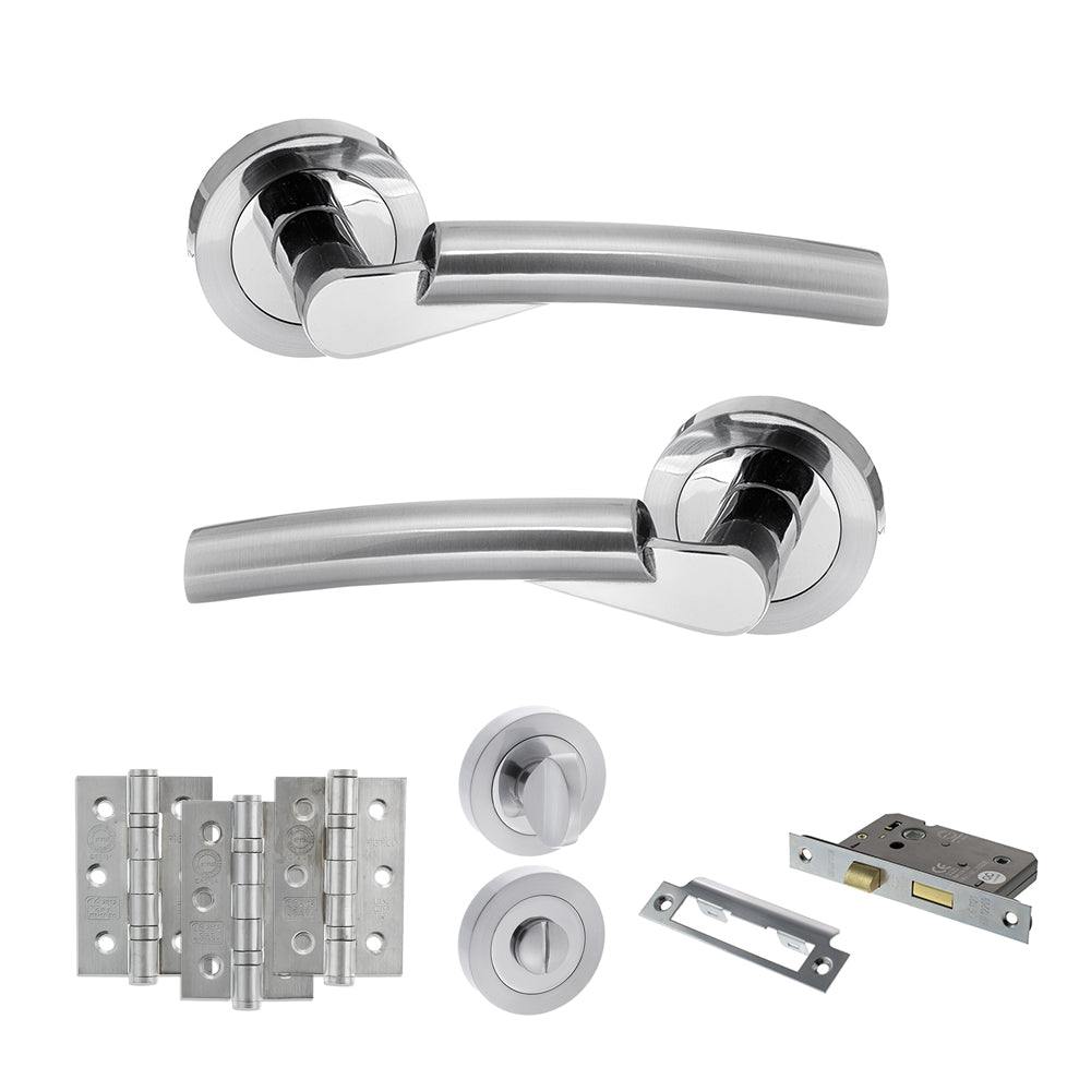 Quality image of STATUS Florida Door Handle Pack (Bathroom Set - 3" CE Bathroom Lock, 3" Fire Rated Hinges x3) - Satin Chrome/Polished Chrome | Sku. adps32rscpc9 | available from Trade Door Handles.
