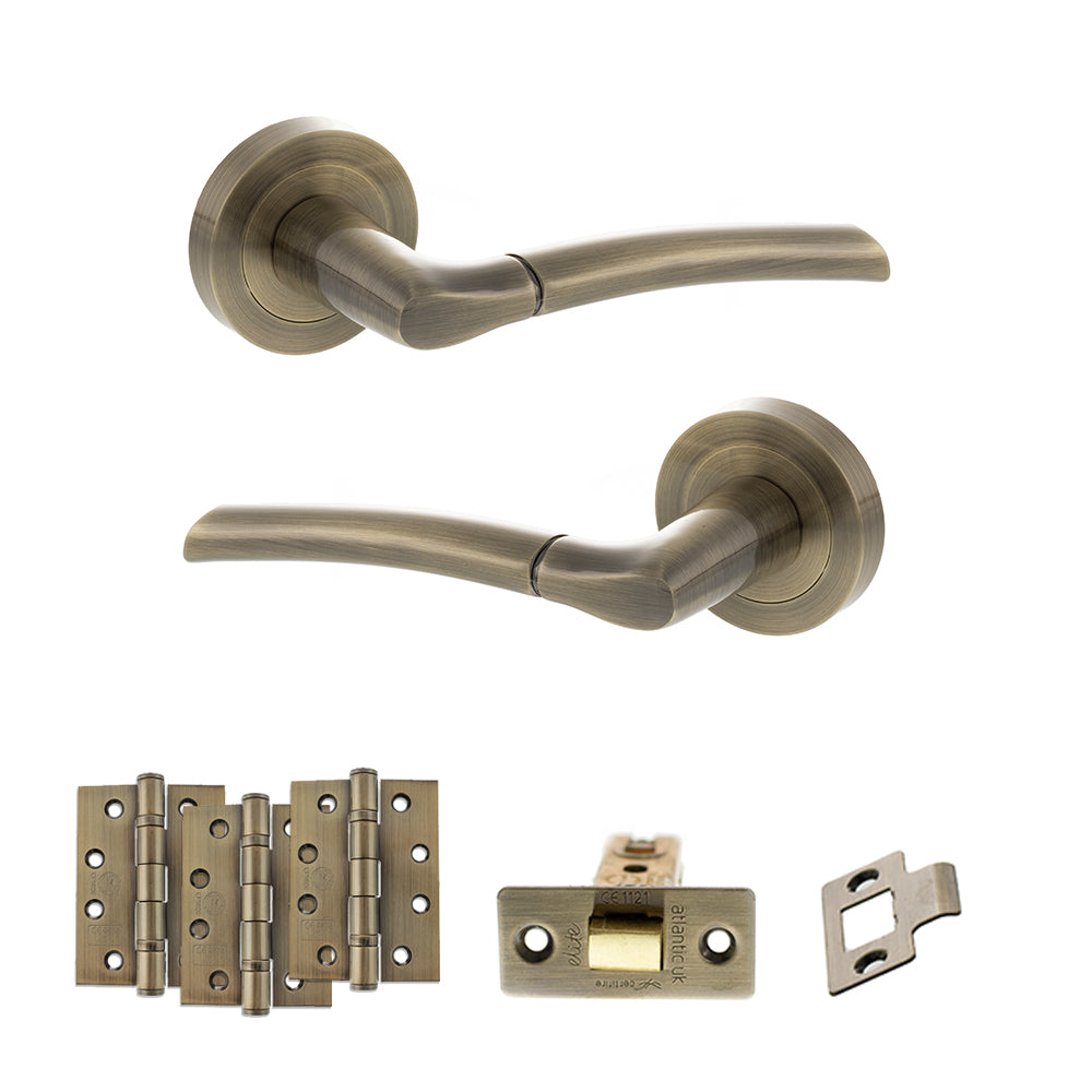 Quality image of STATUS Indiana Door Handle Pack (Latch Set - 2.5" CE Latch, 4" Fire Rated Hinges x3) - Antique Brass | Sku. adps33rab3 | available from Trade Door Handles.