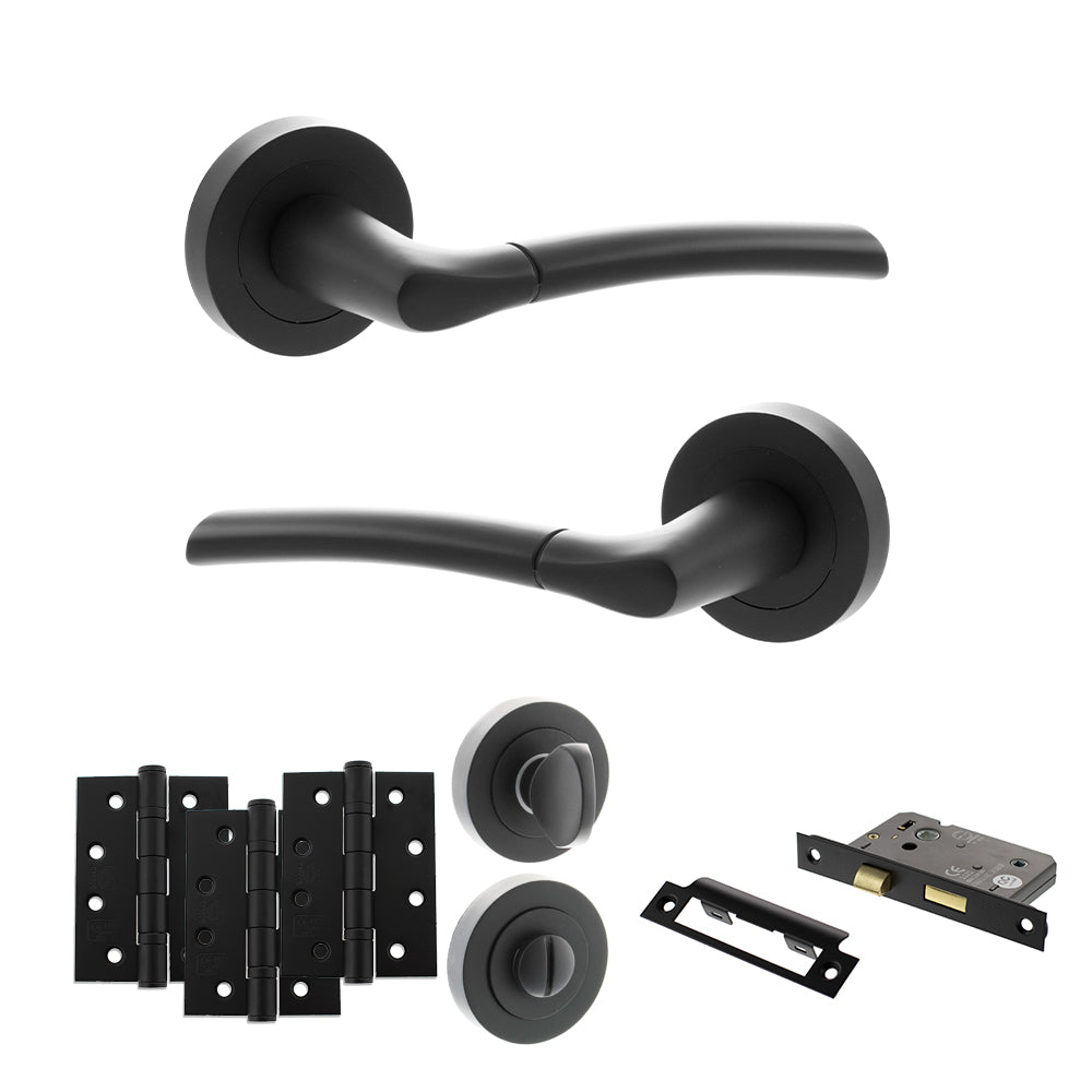 Quality image of STATUS Indiana Door Handle Pack (Bathroom Set - 2.5" CE Bathroom Lock, 4" Fire Rated Hinges x3) - Matt Black | Sku. adps33rmb10 | available from Trade Door Handles.