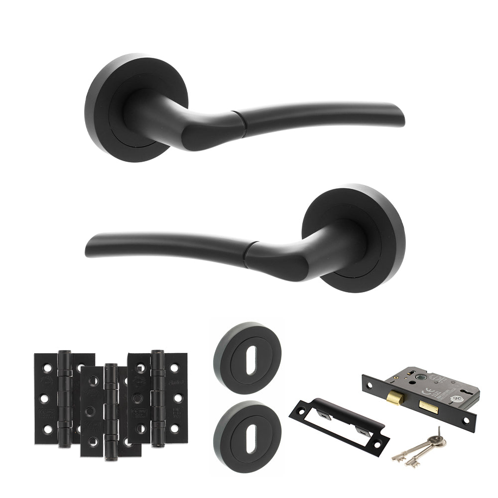 Quality image of STATUS Indiana Door Handle Pack (3 Lever Lock Set - 3" CE Sashlock, 3" Fire Rated Hinges x3) - Matt Black | Sku. adps33rmb15 | available from Trade Door Handles.