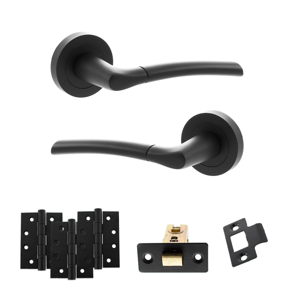 Quality image of STATUS Indiana Door Handle Pack (Latch Set - 3" CE Latch, 4" Fire Rated Hinges x3) - Matt Black | Sku. adps33rmb4 | available from Trade Door Handles.