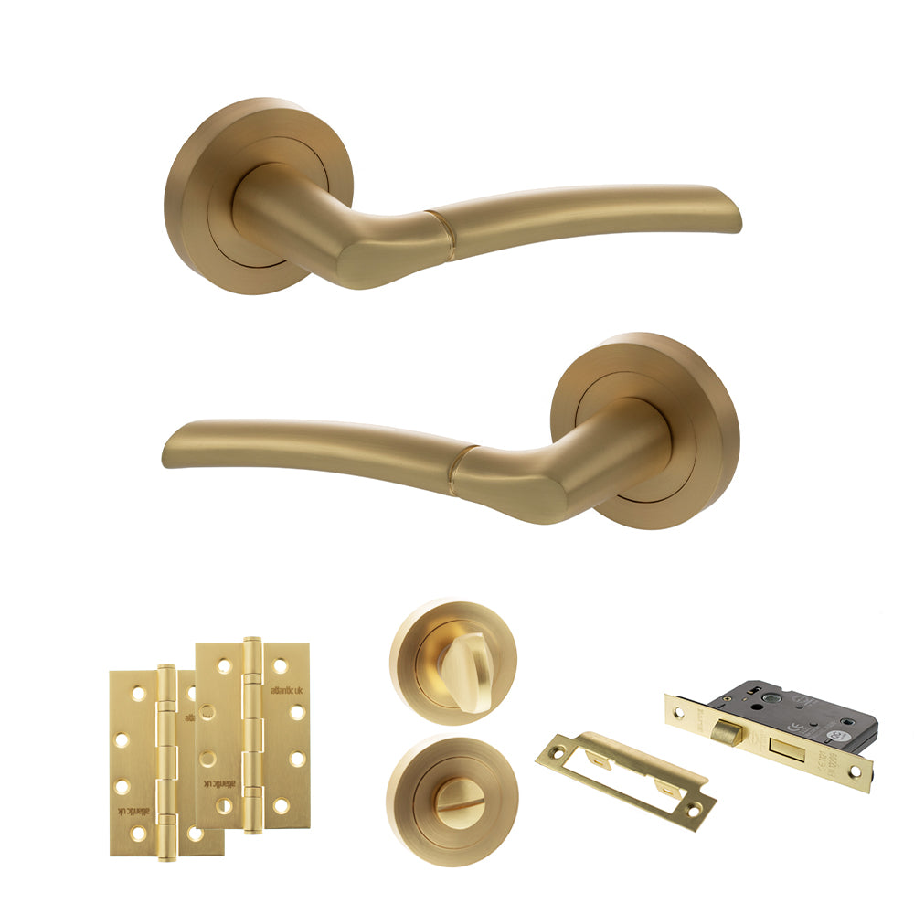 Quality image of STATUS Indiana Door Handle Pack (Bathroom Set - 2.5" CE Bathroom Lock, 4" Slim Knuckle Hinges x2) - Satin Brass | Sku. adps33rsb12 | available from Trade Door Handles.