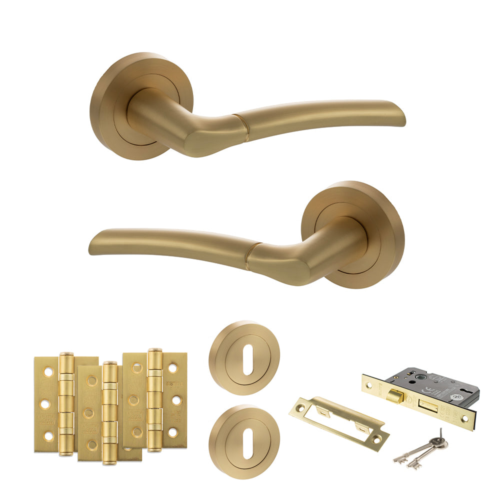 Quality image of STATUS Indiana Door Handle Pack (3 Lever Lock Set - 3" CE Sashlock, 3" Fire Rated Hinges x3) - Satin Brass | Sku. adps33rsb15 | available from Trade Door Handles.