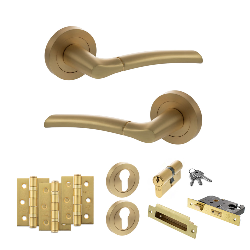 Quality image of STATUS Indiana Door Handle Pack (Euro Lock Set - 2.5" CE Sashlock, 3" Fire Rated Hinges x3) - Satin Brass | Sku. adps33rsb20 | available from Trade Door Handles.