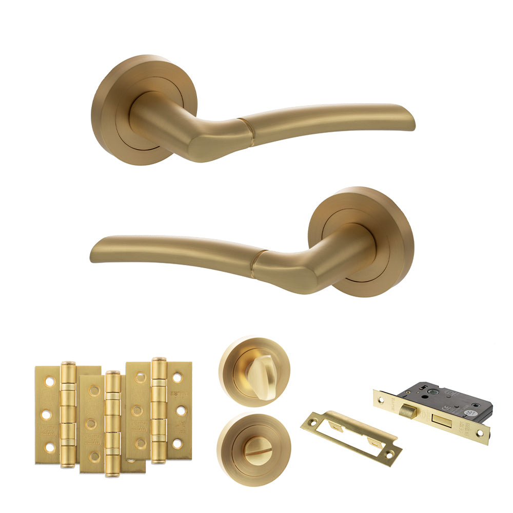 Quality image of STATUS Indiana Door Handle Pack (Bathroom Set - 2.5" CE Bathroom Lock, 3" Fire Rated Hinges x3) - Satin Brass | Sku. adps33rsb8 | available from Trade Door Handles.