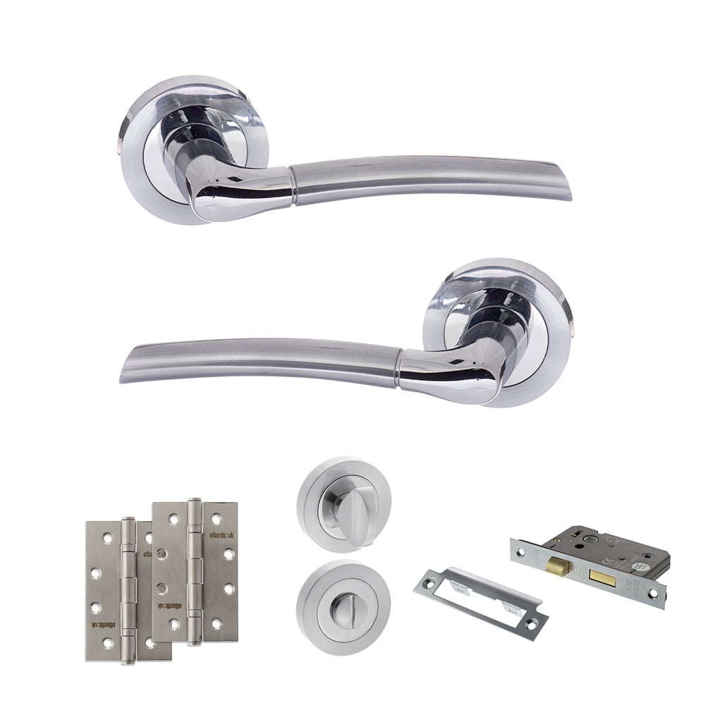 Quality image of STATUS Indiana Door Handle Pack (Bathroom Set - 3" CE Bathroom Lock, 4" Slim Knuckle Hinges x2) - Satin Chrome/Polished Chrome | Sku. adps33rscpc13 | available from Trade Door Handles.