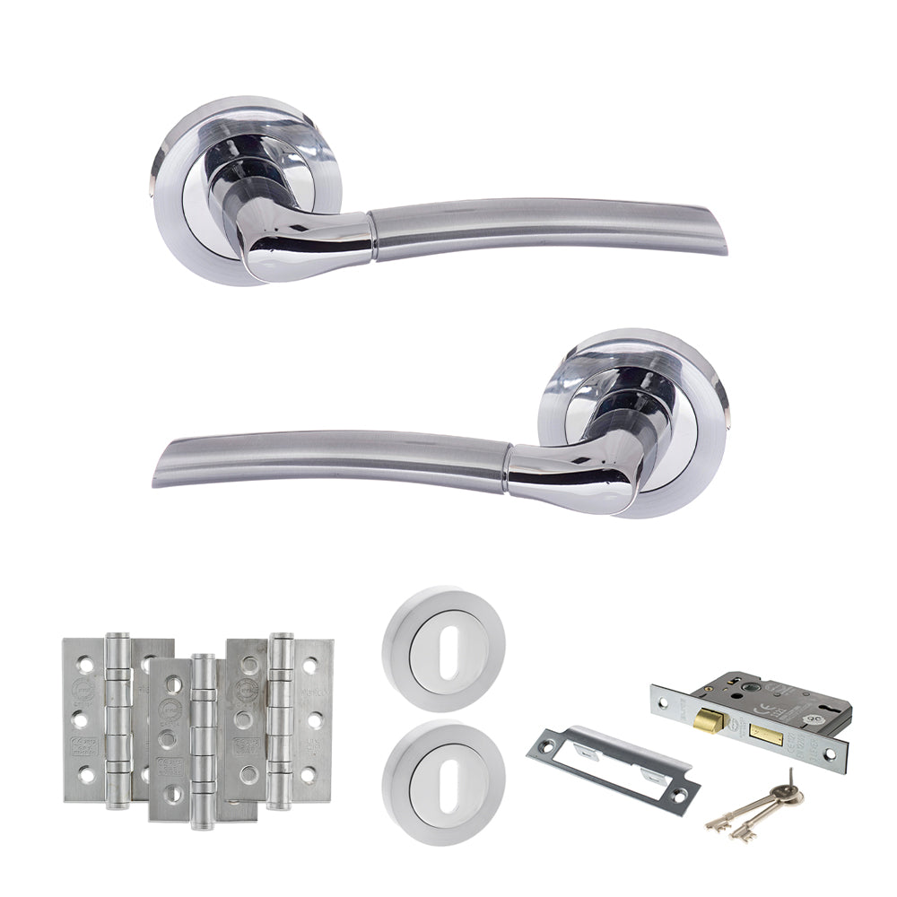 Quality image of STATUS Indiana Door Handle Pack (3 Lever Lock Set - 2.5" CE Sashlock, 3" Fire Rated Hinges x3) - Satin Chrome/Polished Chrome | Sku. adps33rscpc14 | available from Trade Door Handles.