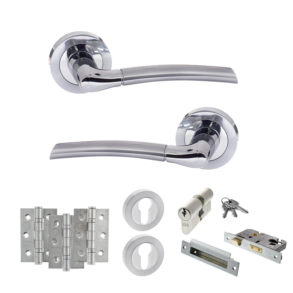 Quality image of STATUS Indiana Door Handle Pack (Euro Lock Set - 3" CE Sashlock, 3" Fire Rated Hinges x3) - Satin Chrome/Polished Chrome | Sku. adps33rscpc21 | available from Trade Door Handles.