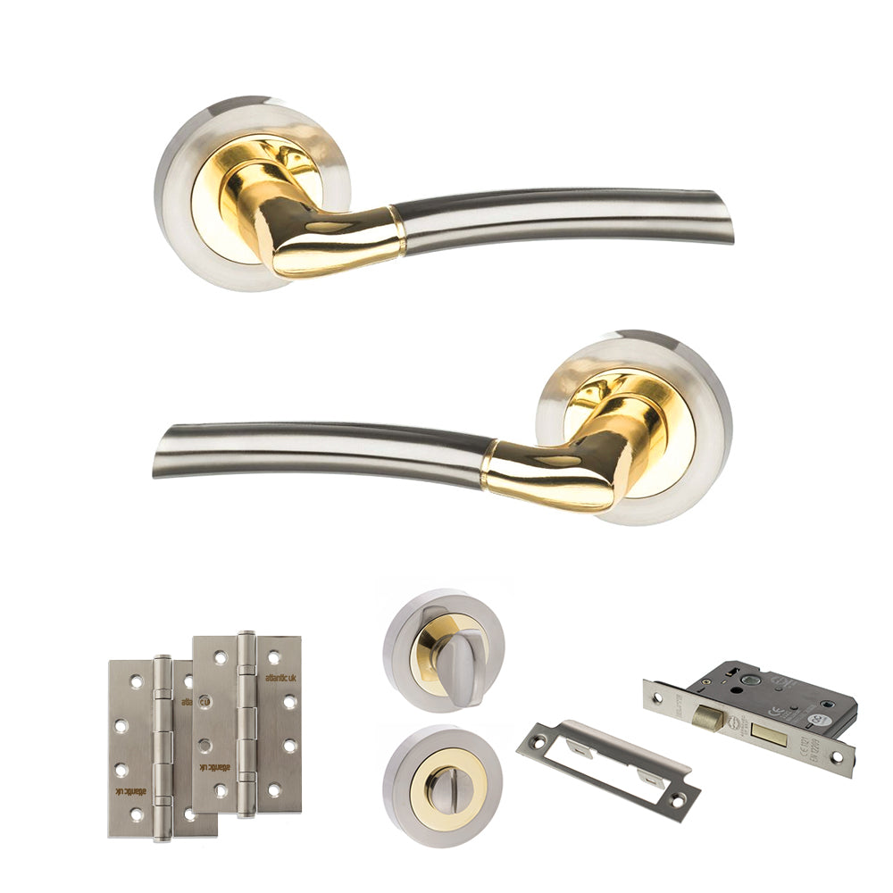 Quality image of STATUS Indiana Door Handle Pack (Bathroom Set - 3" CE Bathroom Lock, 4" Slim Knuckle Hinges x2) - Satin Nickel/Polished Brass | Sku. adps33rsnbp13 | available from Trade Door Handles.