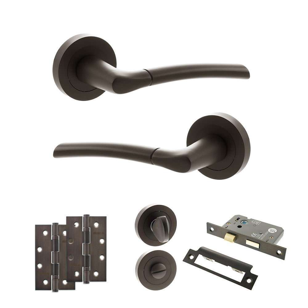 Quality image of STATUS Indiana Door Handle Pack (Bathroom Set - 3" CE Bathroom Lock, 4" Slim Knuckle Hinges x2) - Urban Dark Bronze | Sku. adps33rudb13 | available from Trade Door Handles.