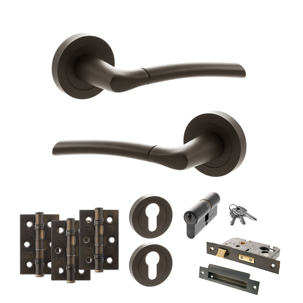 Quality image of STATUS Indiana Door Handle Pack (Euro Lock Set - 2.5" CE Sashlock, 3" Fire Rated Hinges x3) - Urban Dark Bronze | Sku. adps33rudb20 | available from Trade Door Handles.