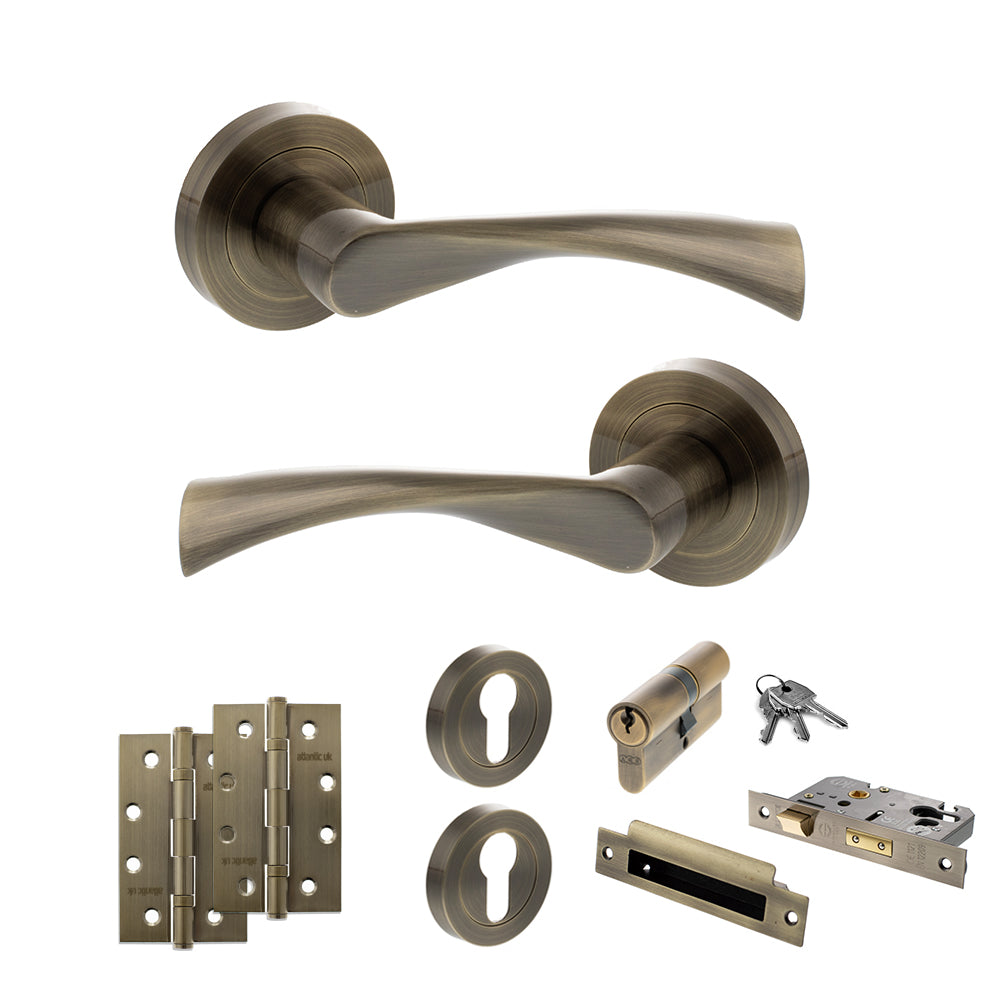Quality image of STATUS Colorado Door Handle Pack (Euro Lock Set - 2.5" CE Sashlock, 4" Slim Knuckle Hinges x2) - Antique Brass | Sku. adps34rab24 | available from Trade Door Handles.