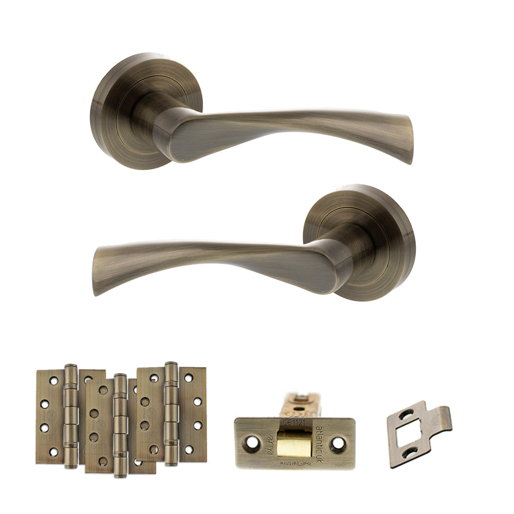 Quality image of STATUS Colorado Door Handle Pack (Latch Set - 3" CE Latch, 4" Fire Rated Hinges x3) - Antique Brass | Sku. adps34rab4 | available from Trade Door Handles.
