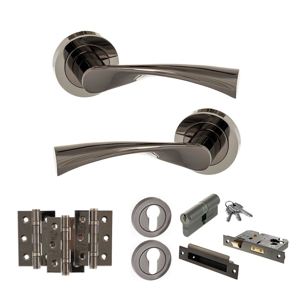 Quality image of STATUS Colorado Door Handle Pack (Euro Lock Set - 3" CE Sashlock, 3" Fire Rated Hinges x3) - Black Nickel | Sku. adps34rbn21 | available from Trade Door Handles.