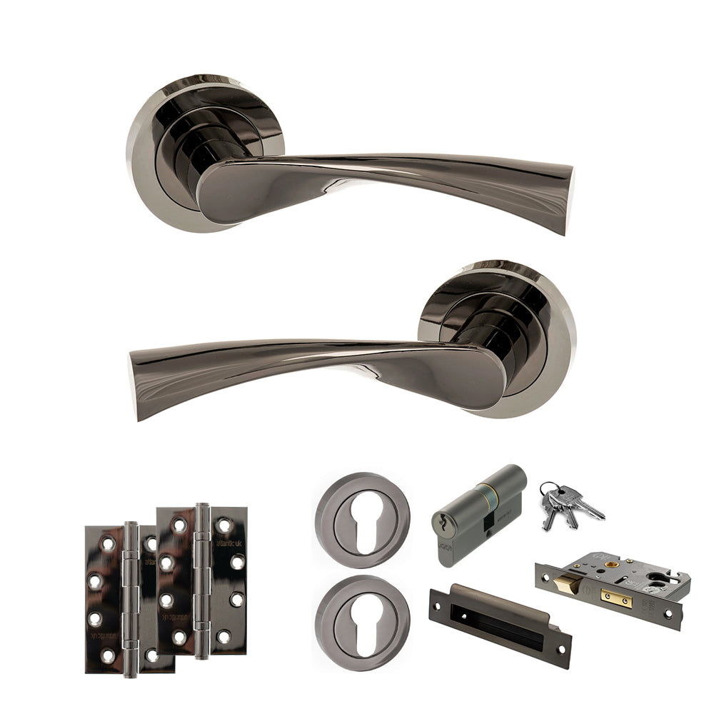 Quality image of STATUS Colorado Door Handle Pack (Euro Lock Set - 3" CE Sashlock, 4" Slim Knuckle Hinges x2) - Black Nickel | Sku. adps34rbn25 | available from Trade Door Handles.