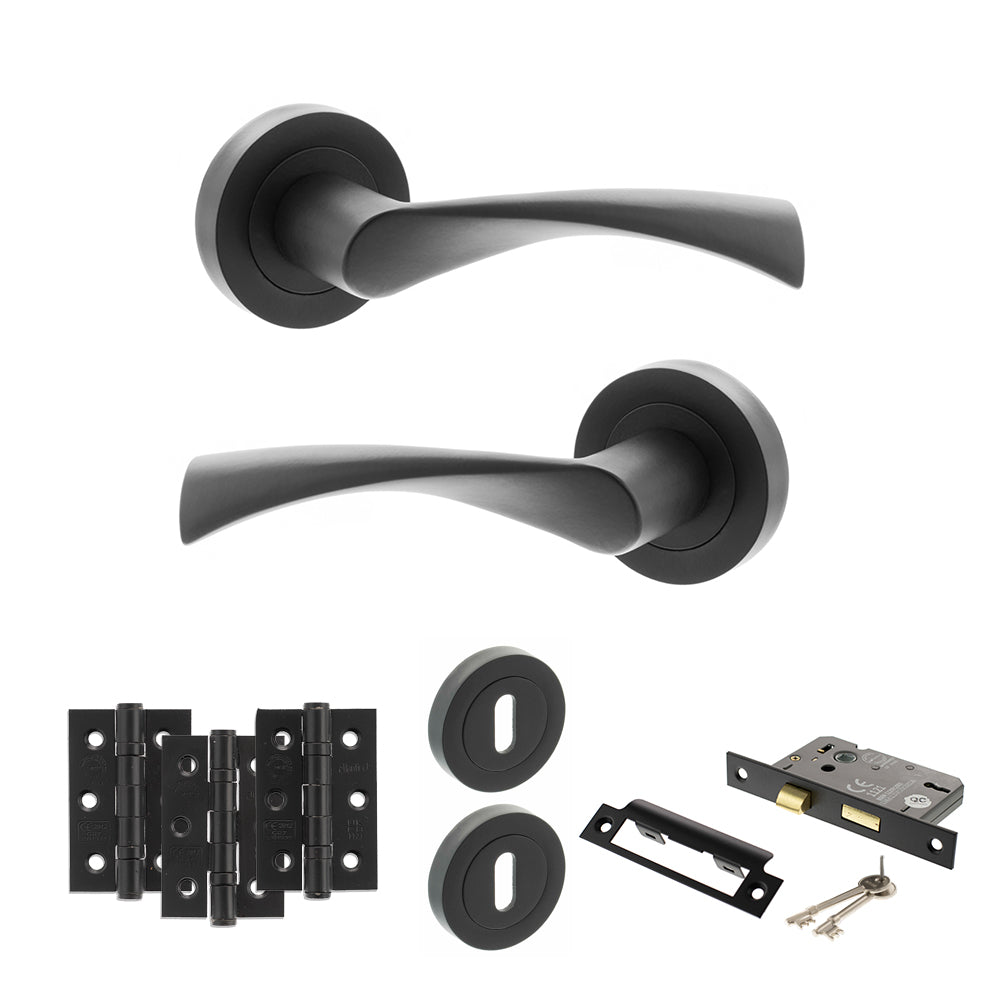 Quality image of STATUS Colorado Door Handle Pack (3 Lever Lock Set - 3" CE Sashlock, 3" Fire Rated Hinges x3) - Matt Black | Sku. adps34rmb15 | available from Trade Door Handles.