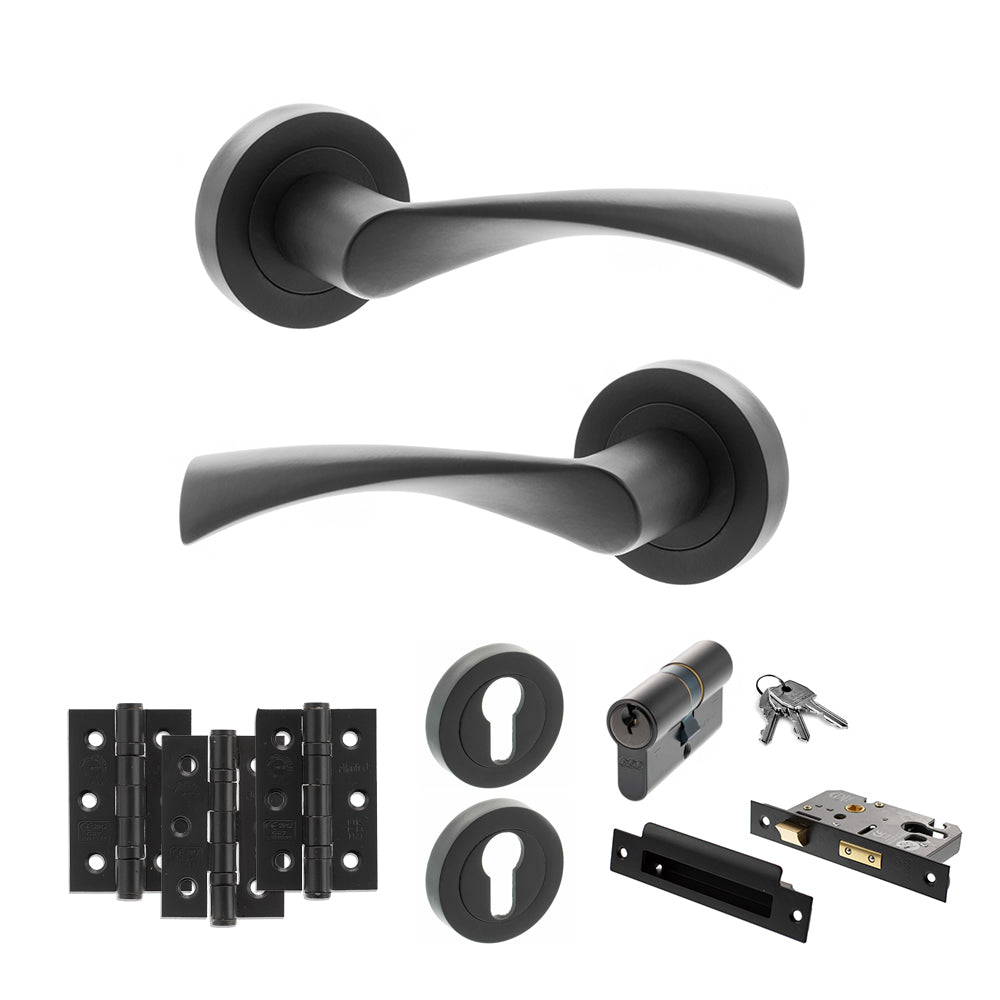 Quality image of STATUS Colorado Door Handle Pack (Euro Lock Set - 2.5" CE Sashlock, 3" Fire Rated Hinges x3) - Matt Black | Sku. adps34rmb20 | available from Trade Door Handles.