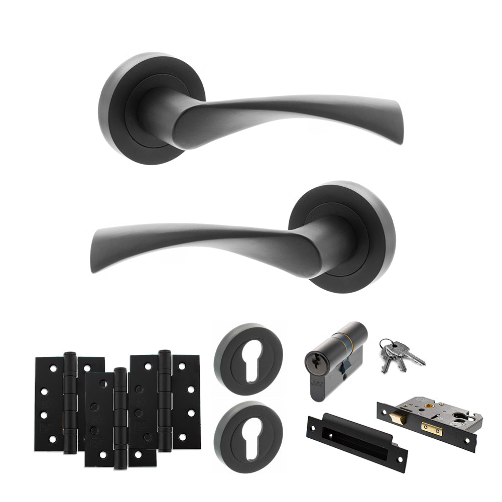 Quality image of STATUS Colorado Door Handle Pack (Euro Lock Set - 2.5" CE Sashlock, 4" Fire Rated Hinges x3) - Matt Black | Sku. adps34rmb22 | available from Trade Door Handles.
