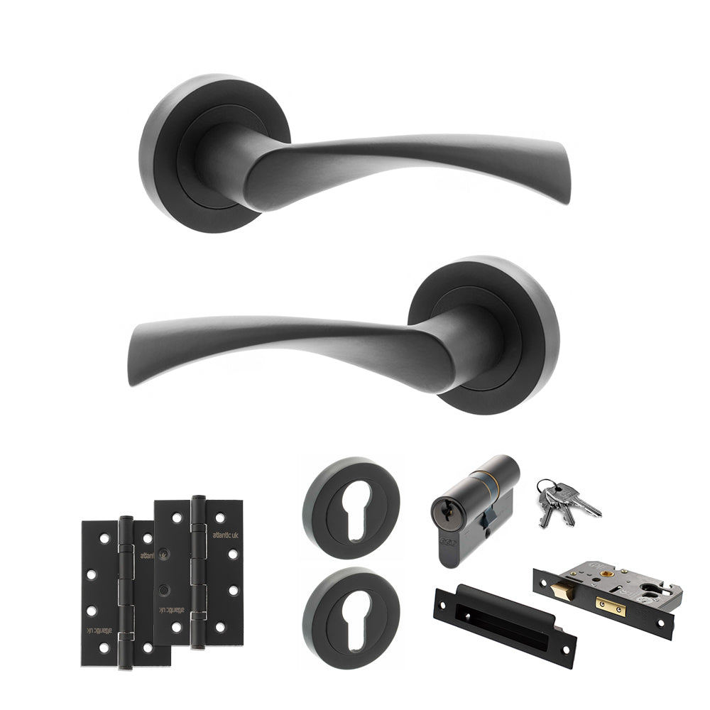 Quality image of STATUS Colorado Door Handle Pack (Euro Lock Set - 3" CE Sashlock, 4" Slim Knuckle Hinges x2) - Matt Black | Sku. adps34rmb25 | available from Trade Door Handles.
