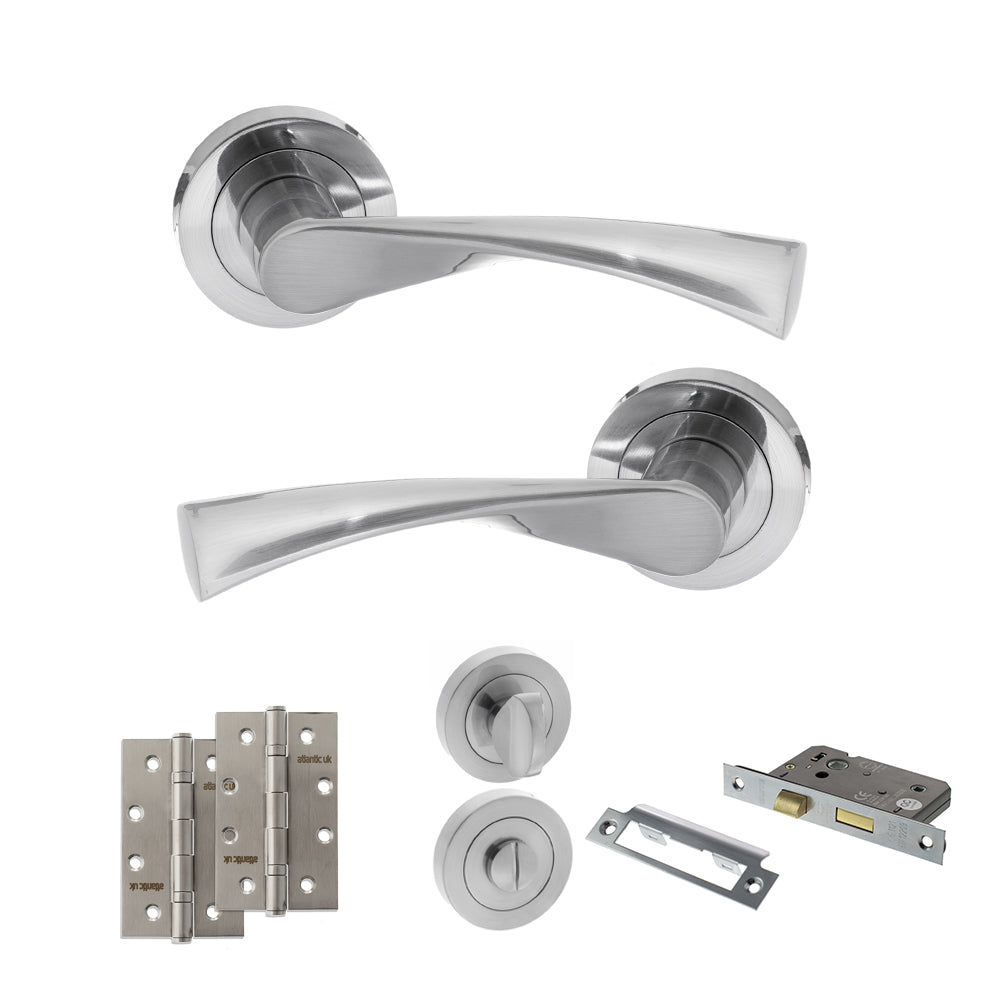 Quality image of STATUS Colorado Door Handle Pack (Bathroom Set - 3" CE Bathroom Lock, 4" Slim Knuckle Hinges x2) - Satin Chrome | Sku. adps34rsc13 | available from Trade Door Handles.