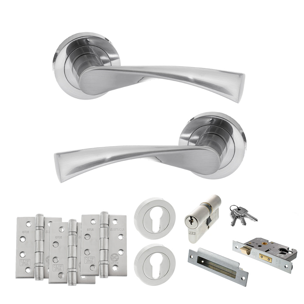 Quality image of STATUS Colorado Door Handle Pack (Euro Lock Set - 3" CE Sashlock, 4" Fire Rated Hinges x3) - Satin Chrome | Sku. adps34rsc23 | available from Trade Door Handles.