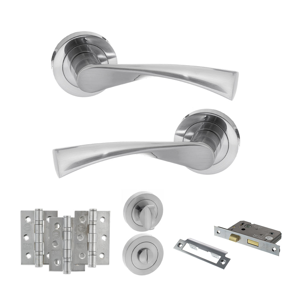 Quality image of STATUS Colorado Door Handle Pack (Bathroom Set - 3" CE Bathroom Lock, 3" Fire Rated Hinges x3) - Satin Chrome | Sku. adps34rsc9 | available from Trade Door Handles.