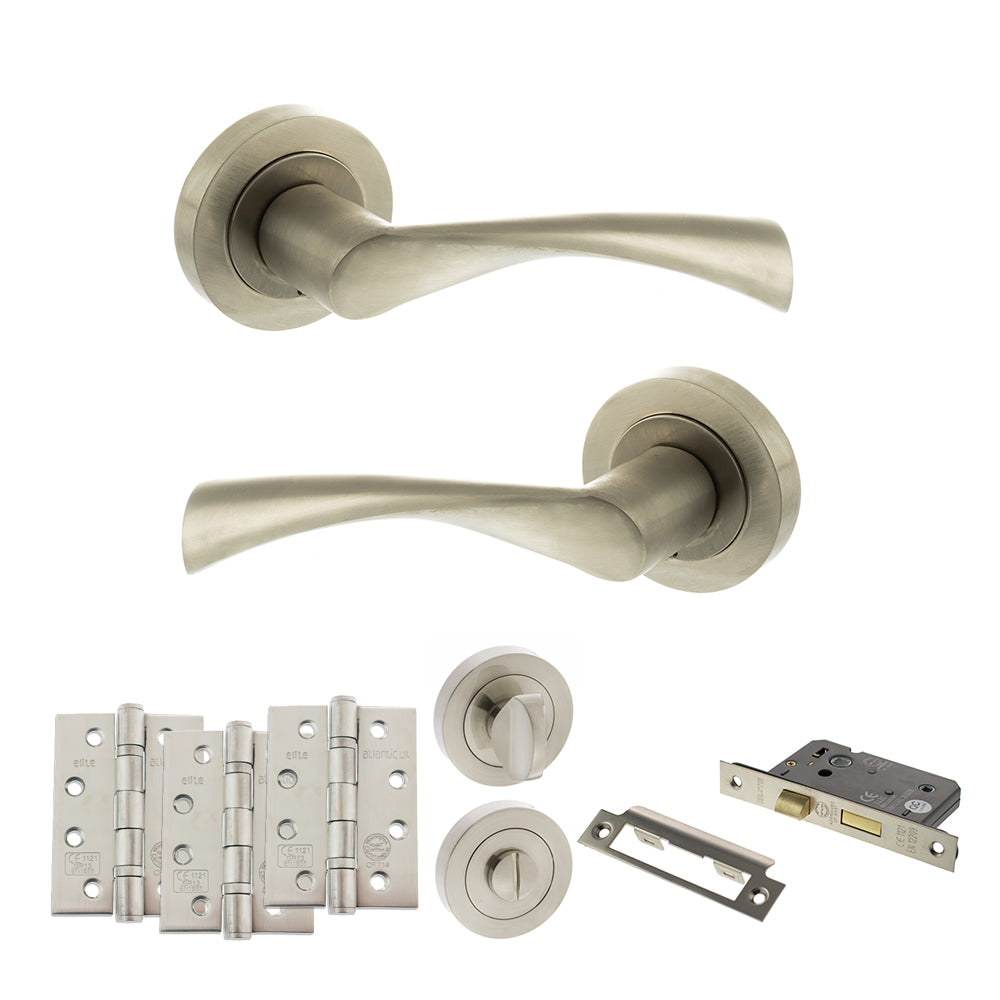 Quality image of STATUS Colorado Door Handle Pack (Bathroom Set - 2.5" CE Bathroom Lock, 4" Fire Rated Hinges x3) - Satin Nickel | Sku. adps34rsn10 | available from Trade Door Handles.