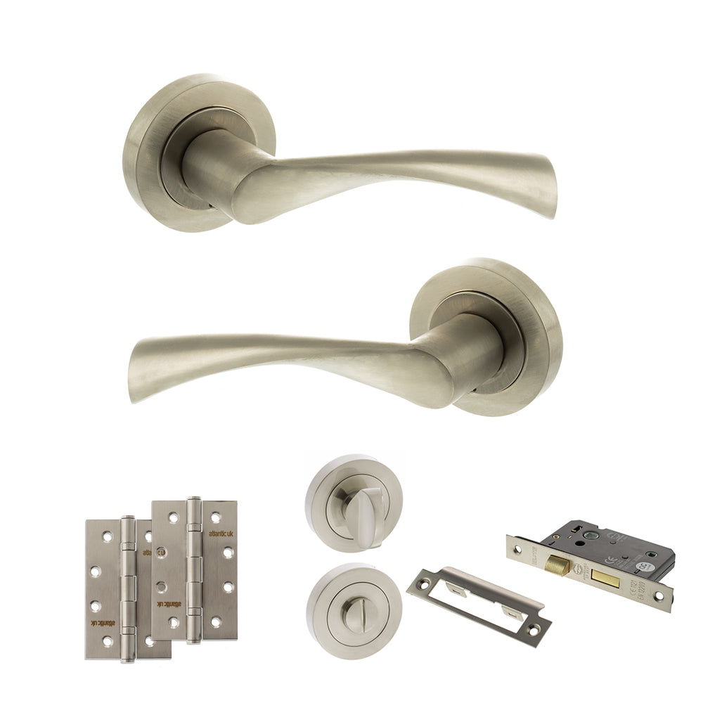 Quality image of STATUS Colorado Door Handle Pack (Bathroom Set - 3" CE Bathroom Lock, 4" Slim Knuckle Hinges x2) - Satin Nickel | Sku. adps34rsn13 | available from Trade Door Handles.