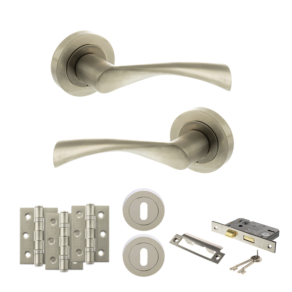 Quality image of STATUS Colorado Door Handle Pack (3 Lever Lock Set - 3" CE Sashlock, 3" Fire Rated Hinges x3) - Satin Nickel | Sku. adps34rsn15 | available from Trade Door Handles.