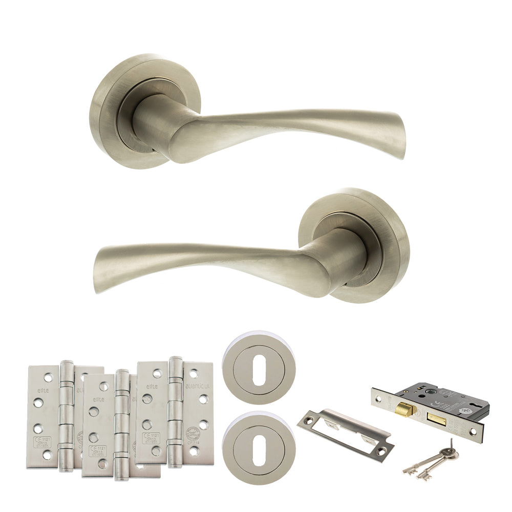Quality image of STATUS Colorado Door Handle Pack (3 Lever Lock Set - 3" CE Sashlock, 4" Fire Rated Hinges x3) - Satin Nickel | Sku. adps34rsn17 | available from Trade Door Handles.