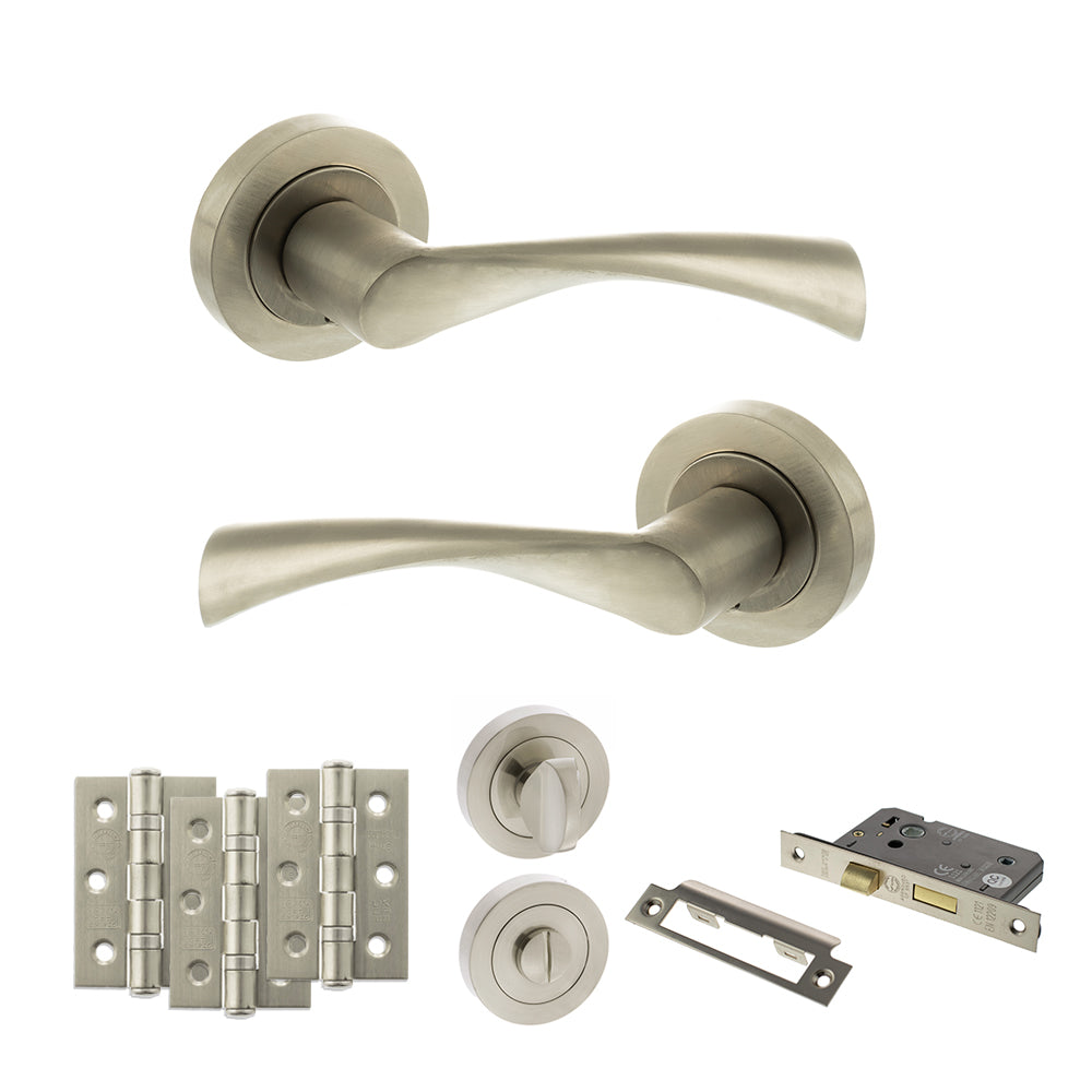 Quality image of STATUS Colorado Door Handle Pack (Bathroom Set - 2.5" CE Bathroom Lock, 3" Fire Rated Hinges x3) - Satin Nickel | Sku. adps34rsn8 | available from Trade Door Handles.