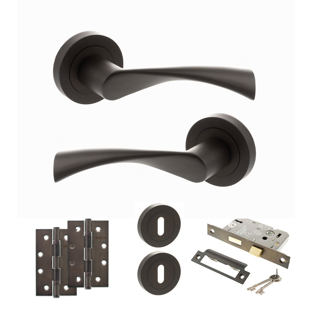 Quality image of STATUS Colorado Door Handle Pack (3 Lever Lock Set - 3" CE Sashlock, 4" Slim Knuckle Hinges x2) - Urban Dark Bronze | Sku. adps34rudb19 | available from Trade Door Handles.