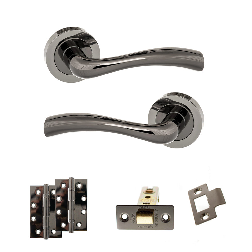 Quality image of STATUS Texas Door Handle Pack (Latch Set - 2.5" CE Latch, 4" Slim Knuckle Hinges x2) - Black Nickel | Sku. adps35rbn5 | available from Trade Door Handles.