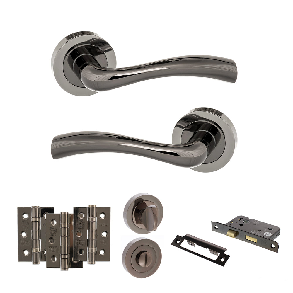 Quality image of STATUS Texas Door Handle Pack (Bathroom Set - 3" CE Bathroom Lock, 3" Fire Rated Hinges x3) - Black Nickel | Sku. adps35rbn9 | available from Trade Door Handles.