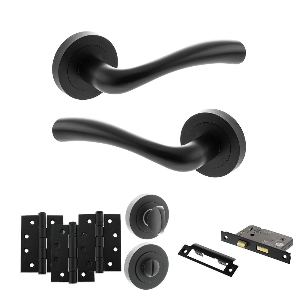 Quality image of STATUS Texas Door Handle Pack (Bathroom Set - 3" CE Bathroom Lock, 4" Fire Rated Hinges x3) - Matt Black | Sku. adps35rmb11 | available from Trade Door Handles.