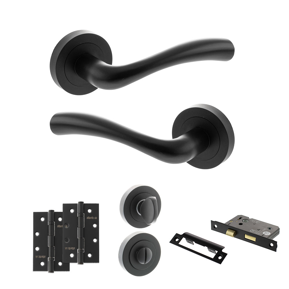 Quality image of STATUS Texas Door Handle Pack (Bathroom Set - 2.5" CE Bathroom Lock, 4" Slim Knuckle Hinges x2) - Matt Black | Sku. adps35rmb12 | available from Trade Door Handles.