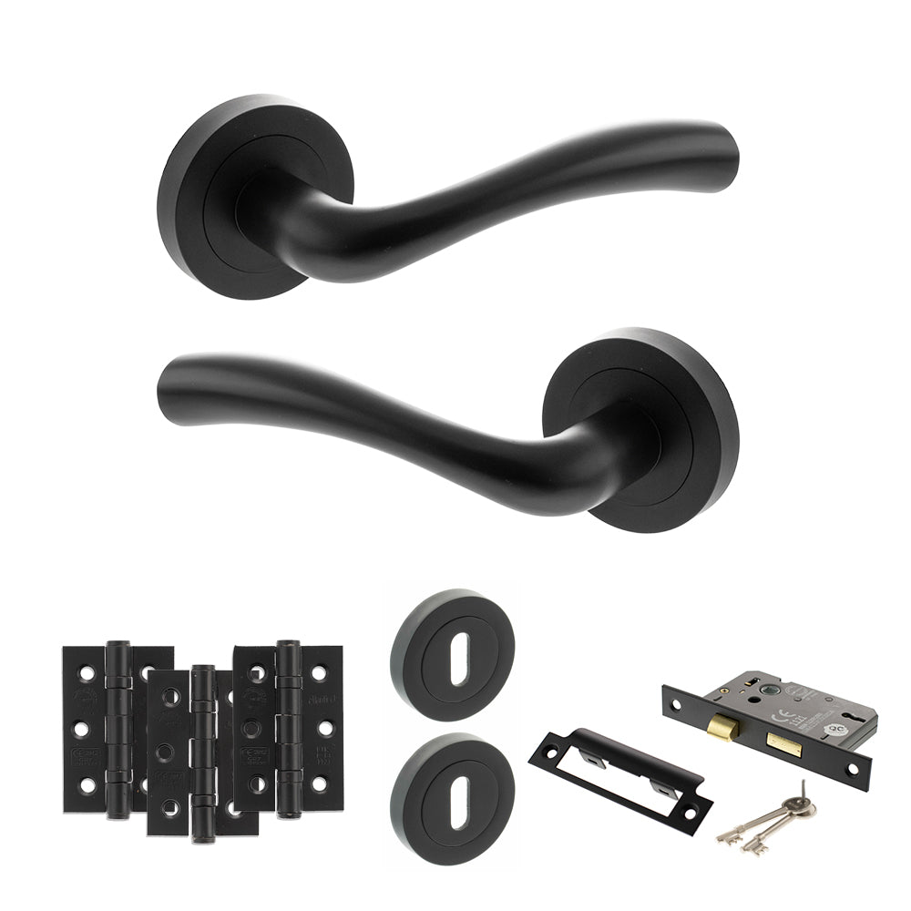 Quality image of STATUS Texas Door Handle Pack (3 Lever Lock Set - 2.5" CE Sashlock, 3" Fire Rated Hinges x3) - Matt Black | Sku. adps35rmb14 | available from Trade Door Handles.
