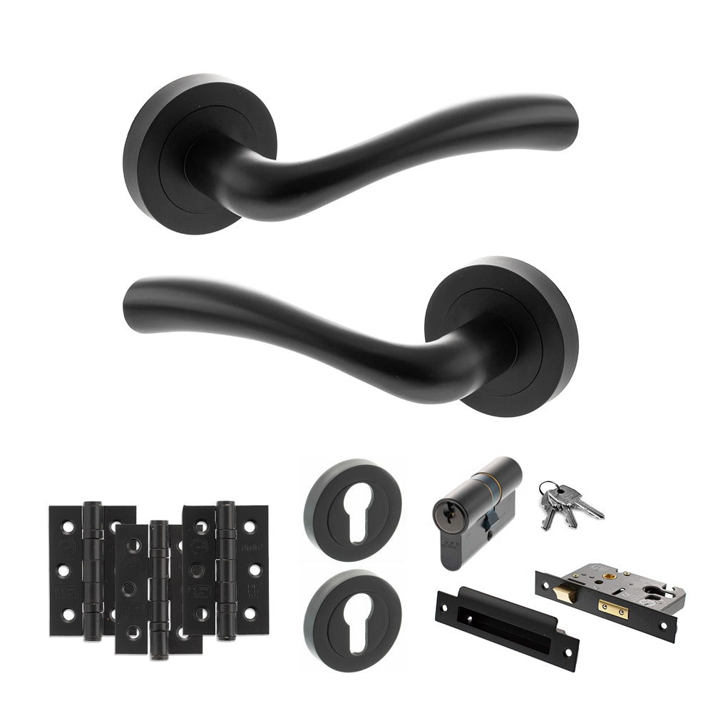 Quality image of STATUS Texas Door Handle Pack (Euro Lock Set - 2.5" CE Sashlock, 3" Fire Rated Hinges x3) - Matt Black | Sku. adps35rmb20 | available from Trade Door Handles.