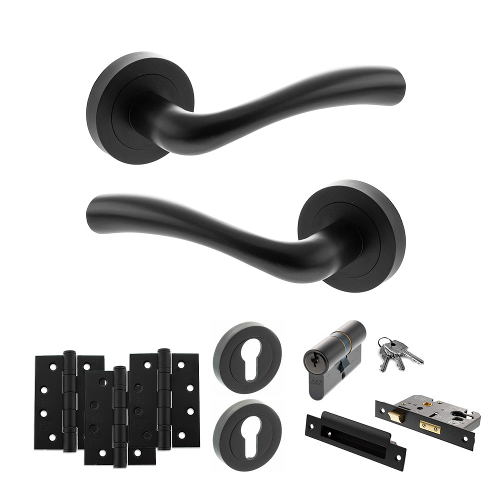 Quality image of STATUS Texas Door Handle Pack (Euro Lock Set - 3" CE Sashlock, 4" Fire Rated Hinges x3) - Matt Black | Sku. adps35rmb23 | available from Trade Door Handles.