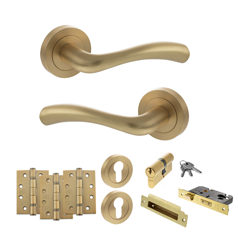 Quality image of STATUS Texas Door Handle Pack (Euro Lock Set - 3" CE Sashlock, 4" Fire Rated Hinges x3) - Satin Brass | Sku. adps35rsb23 | available from Trade Door Handles.