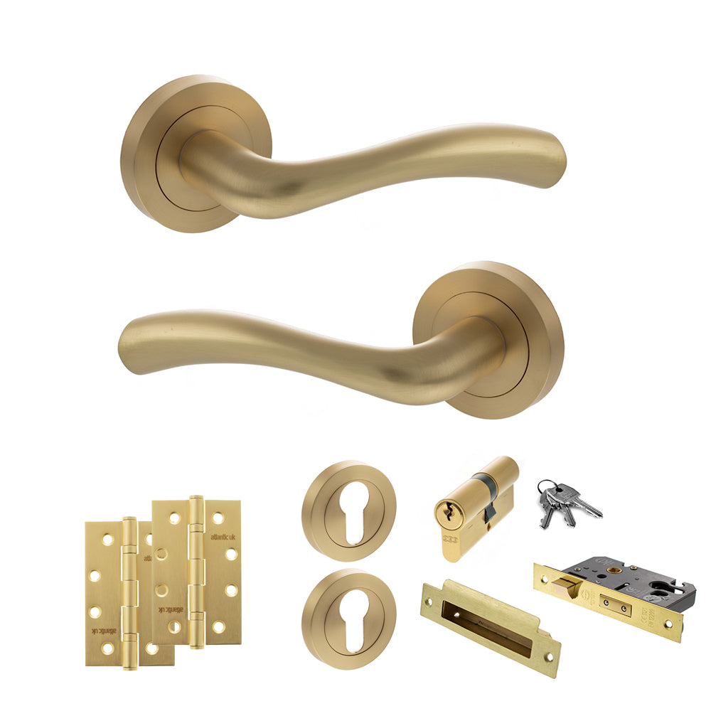 Quality image of STATUS Texas Door Handle Pack (Euro Lock Set - 3" CE Sashlock, 4" Slim Knuckle Hinges x2) - Satin Brass | Sku. adps35rsb25 | available from Trade Door Handles.