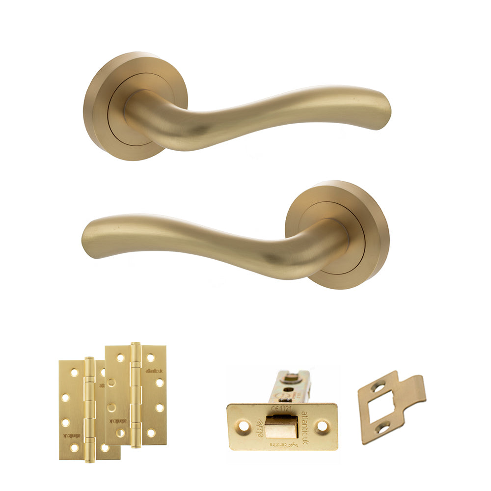 Quality image of STATUS Texas Door Handle Pack (Latch Set - 2.5" CE Latch, 4" Slim Knuckle Hinges x2) - Satin Brass | Sku. adps35rsb5 | available from Trade Door Handles.