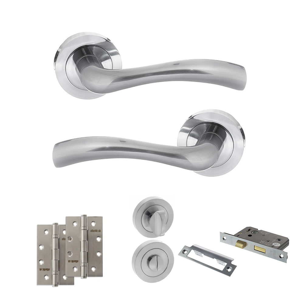 Quality image of STATUS Texas Door Handle Pack (Bathroom Set - 3" CE Bathroom Lock, 4" Slim Knuckle Hinges x2) - Satin Chrome | Sku. adps35rsc13 | available from Trade Door Handles.