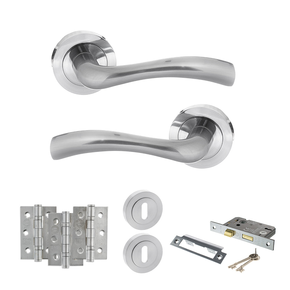 Quality image of STATUS Texas Door Handle Pack (3 Lever Lock Set - 3" CE Sashlock, 3" Fire Rated Hinges x3) - Satin Chrome | Sku. adps35rsc15 | available from Trade Door Handles.