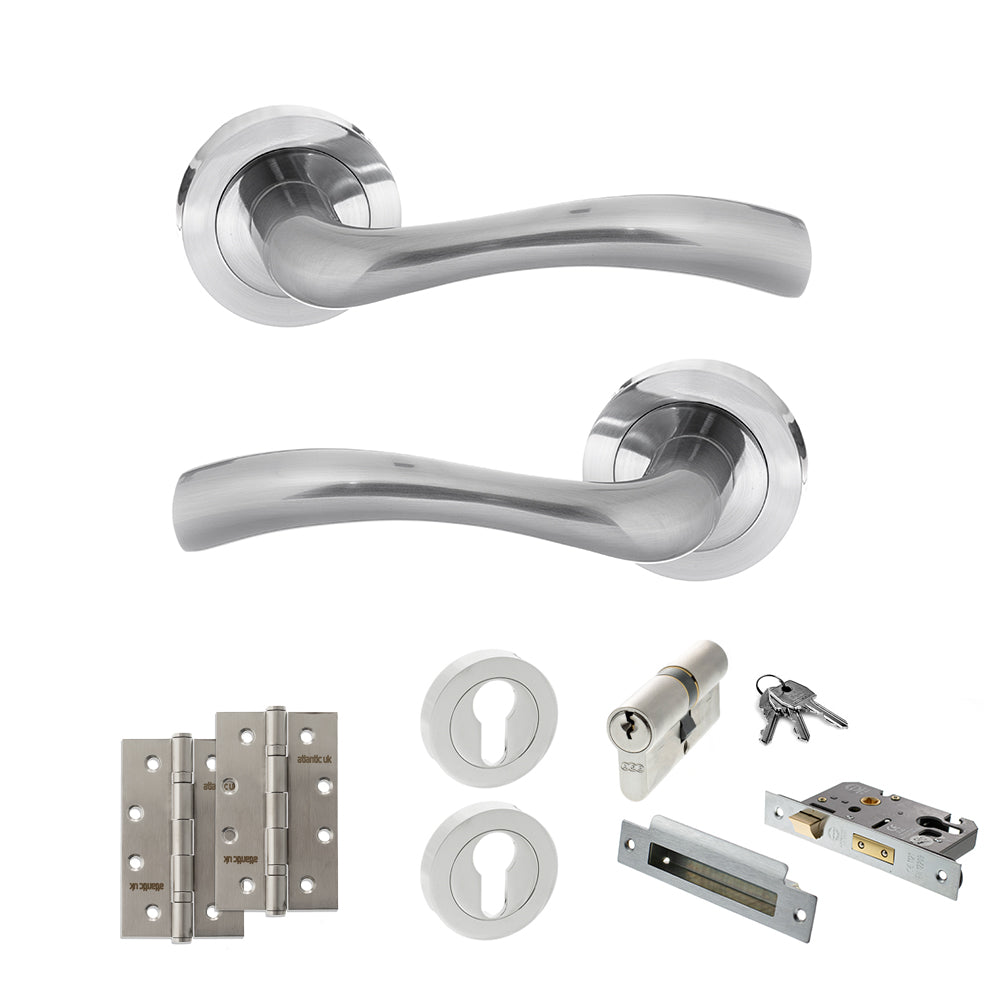Quality image of STATUS Texas Door Handle Pack (Euro Lock Set - 2.5" CE Sashlock, 4" Slim Knuckle Hinges x2) - Satin Chrome | Sku. adps35rsc24 | available from Trade Door Handles.