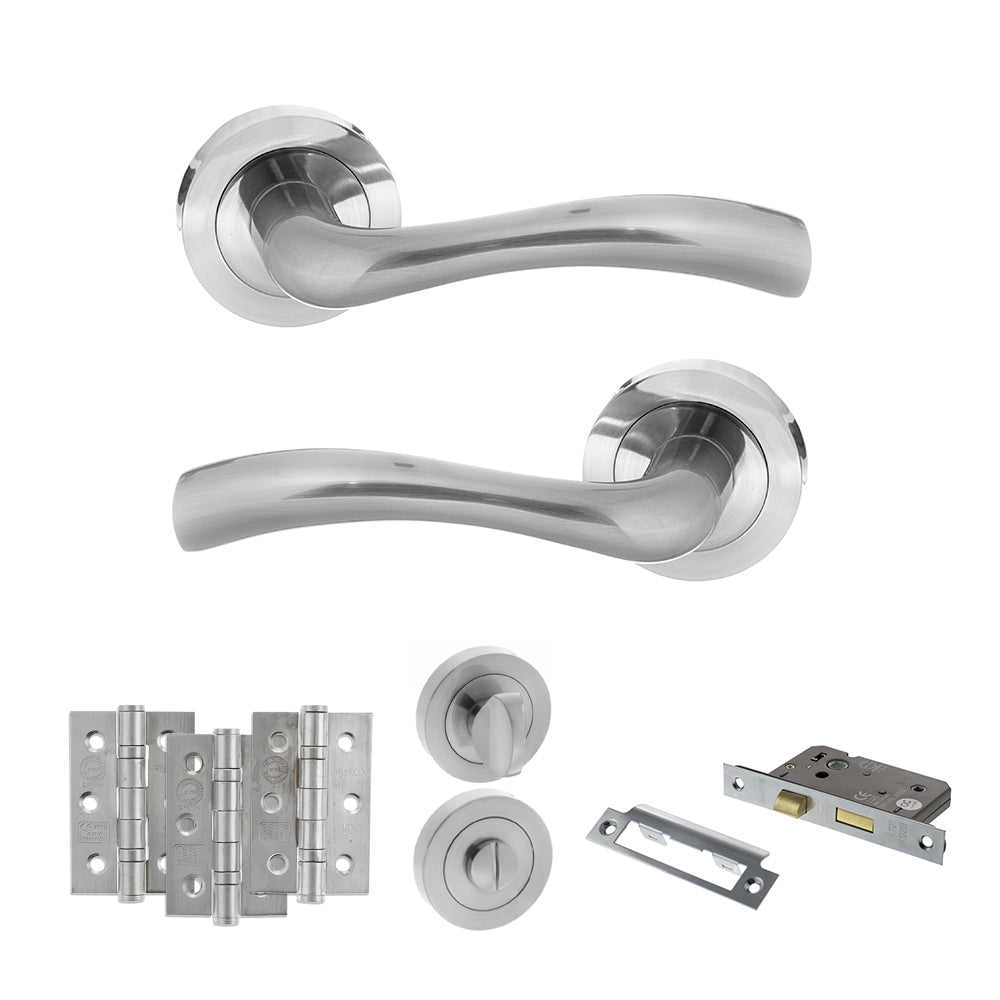 Quality image of STATUS Texas Door Handle Pack (Bathroom Set - 2.5" CE Bathroom Lock, 3" Fire Rated Hinges x3) - Satin Chrome | Sku. adps35rsc8 | available from Trade Door Handles.