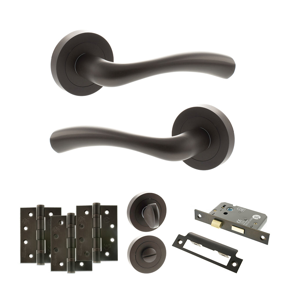 Quality image of STATUS Texas Door Handle Pack (Bathroom Set - 2.5" CE Bathroom Lock, 4" Fire Rated Hinges x3) - Urban Dark Bronze | Sku. adps35rudb10 | available from Trade Door Handles.