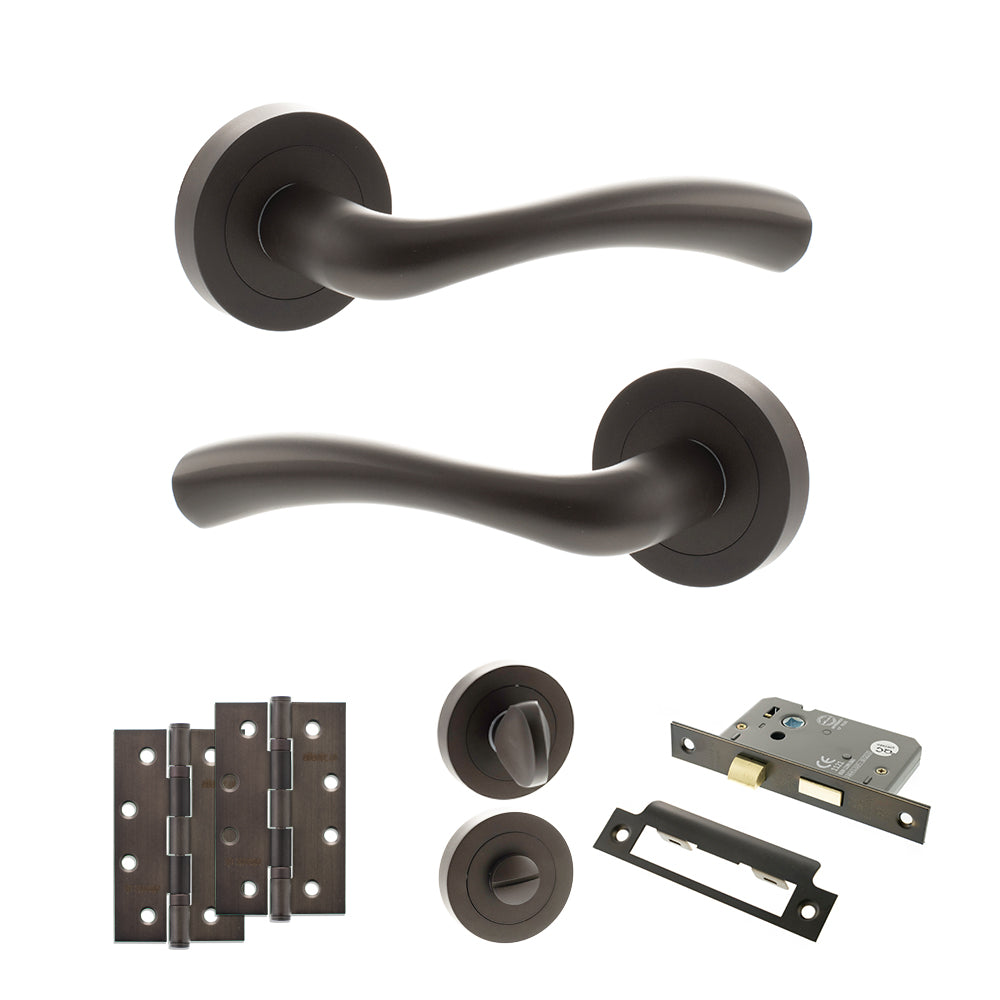 Quality image of STATUS Texas Door Handle Pack (Bathroom Set - 2.5" CE Bathroom Lock, 4" Slim Knuckle Hinges x2) - Urban Dark Bronze | Sku. adps35rudb12 | available from Trade Door Handles.