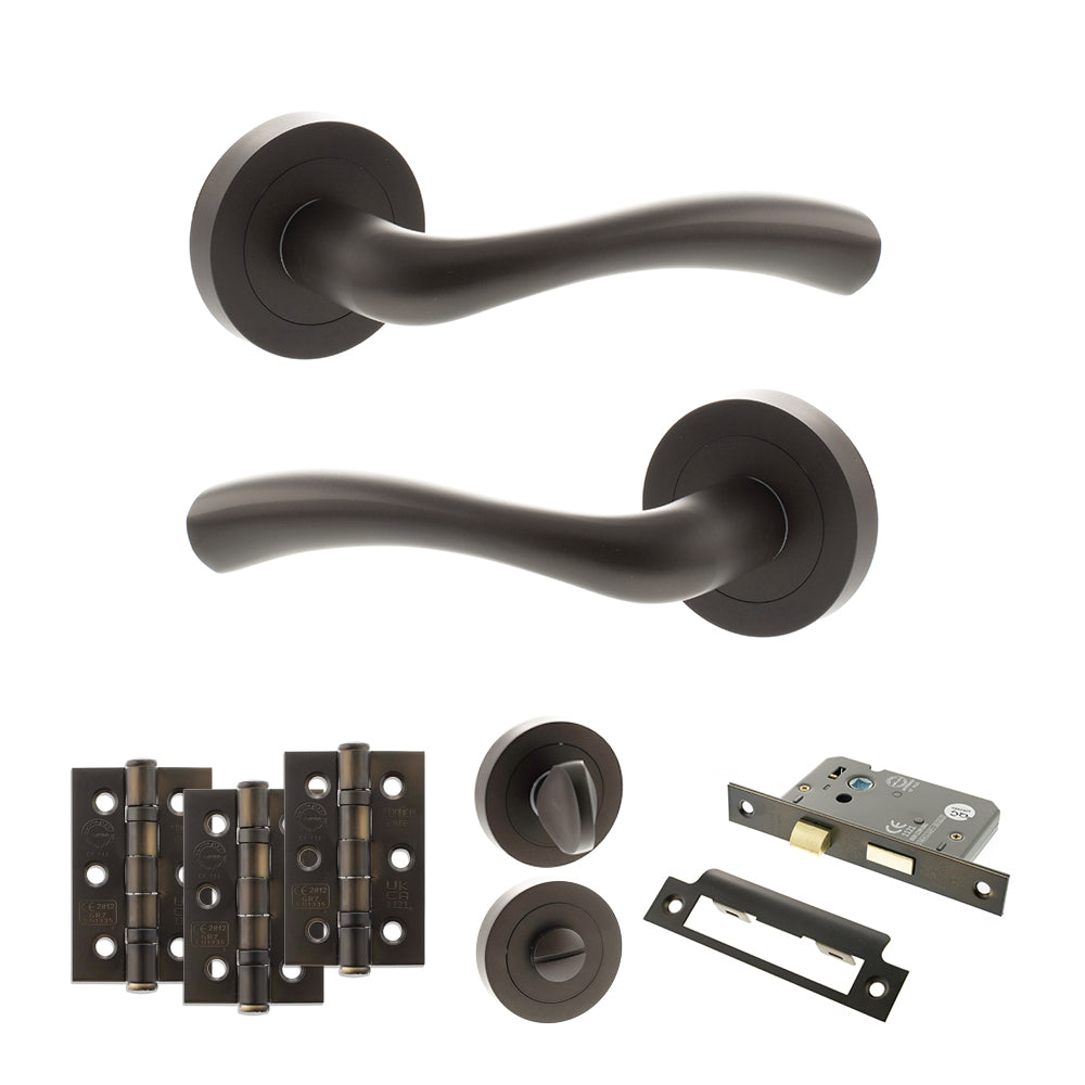 Quality image of STATUS Texas Door Handle Pack (Bathroom Set - 2.5" CE Bathroom Lock, 3" Fire Rated Hinges x3) - Urban Dark Bronze | Sku. adps35rudb8 | available from Trade Door Handles.