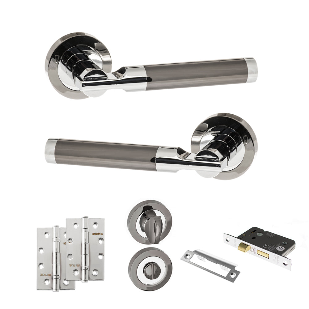 Quality image of STATUS Dakota Door Handle Pack (Bathroom Set - 2.5" CE Bathroom Lock, 4" Slim Knuckle Hinges x2) - Black Nickel/Polished Chrome | Sku. adps36rbnpc12 | available from Trade Door Handles.